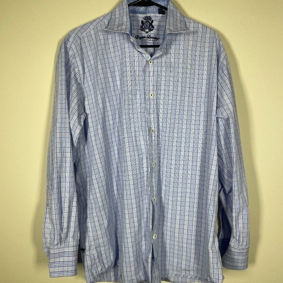 English Laundry by Christopher Wicks Plaid Blue Button-Up Shirt Cotton 17 34/3 - Picture 1 of 6